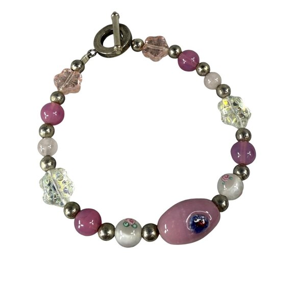 Vintage Glass Bead Bracelet With Toggle Closure & Pink White Silver Accents - Picture 1 of 16